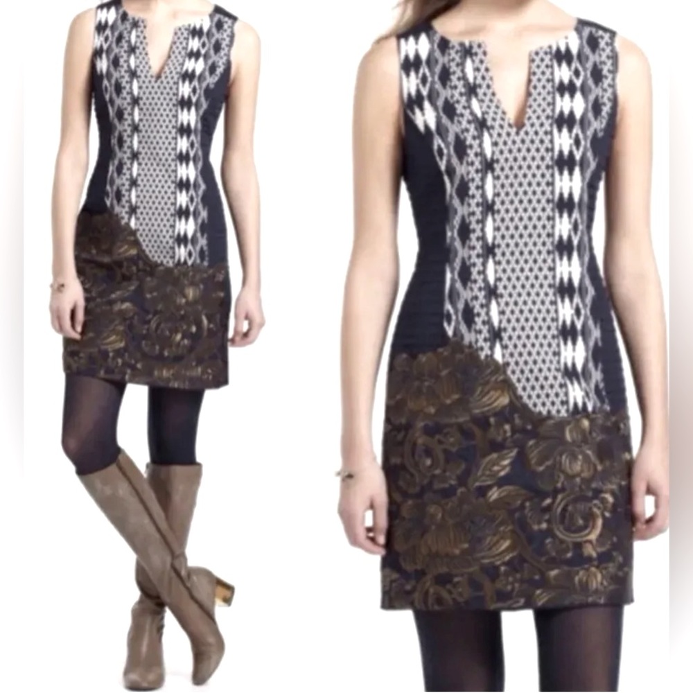 NWT Anthropologie Floreat Mika Gold Embroidered Jacquard Navy Shift Dress